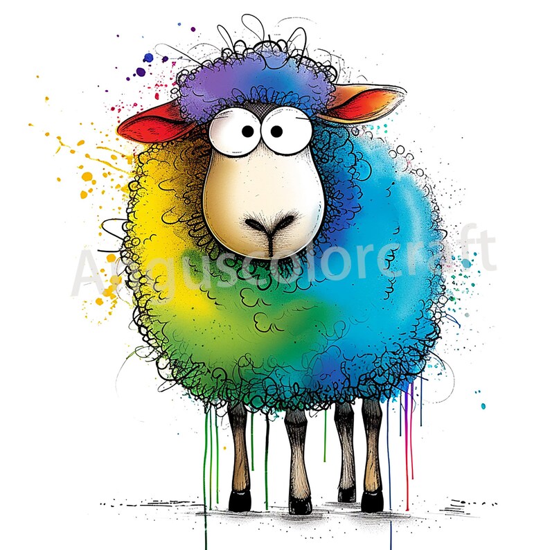 May include: A cartoon sheep with a rainbow colored wool coat and large, expressive eyes. The sheep is standing on a white background with colorful paint splatters.