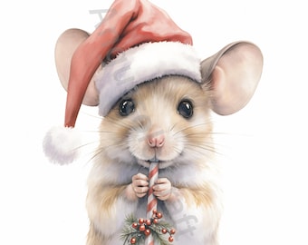 May include: A cute, white mouse wearing a red Santa hat and holding a candy cane. The mouse is looking at the camera with a sweet expression.