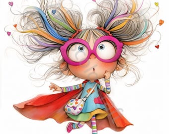 Quirky Supergirl Watercolor Clipart, Whimsical Junk Journal Ephemera (13 JPG Instant Download)