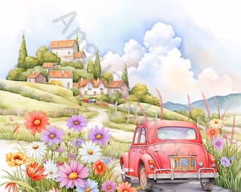 May include: A red vintage car drives down a winding road through a picturesque countryside setting. The road is lined with colorful flowers and leads to a small village in the distance.