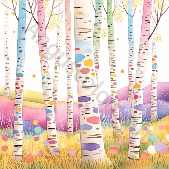 12 Quirky Birch Forest Clip Art, Watercolor Clipart JPG, Junk Journal, Scrapbook, Card Making, Digital Download, Fantasy, Whimsical Forest