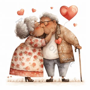 10 Clipart di coppia di anziani neri, amore di coppia di anziani, clipart acquerello stampabile JPG, download digitale, artigianato di carta, diario spazzatura, pelle marrone