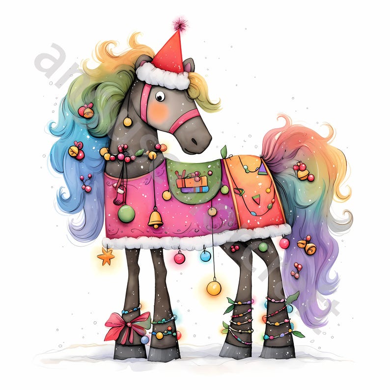 10 Quirky Christmas Horse Clip Art, Watercolor Clipart JPG, Junk ...