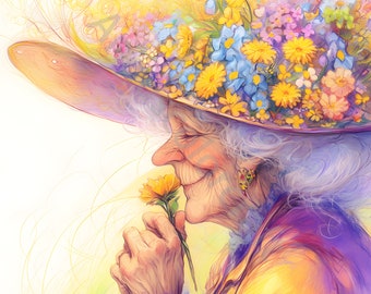 Whimsical Old Women Watercolor Clipart, Vintage Lady Art (10 JPGs Instant Download)
