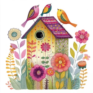 10 JPG Clip art de casinha de passarinho extravagante, Clip art de aquarela, Diário de sucata, Álbum de recortes, Criação de cartões, Download digital, Pássaro caprichoso e fantástico