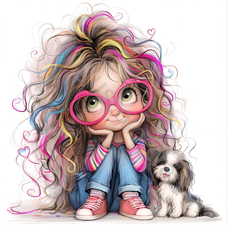 13 Quirky Girl Clipart Set 2, Girl with Pet, Commercial Use, Whimsical Ephemera, Watercolor JPG, Instant Download, Junk Journal, Paper Craft image 9