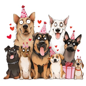 13 Quirky Valentine Dogs Clip Art, Clipart de aquarela JPG, Junk Journaling, Scrapbook, Criação de cartões, Download digital Filhote de cachorro caprichoso de fantasia