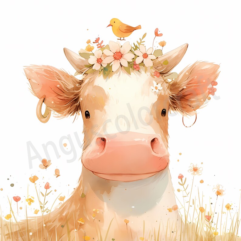 May include: A brown and white cow with a pink nose and large ears. The cow is wearing a flower crown with a yellow bird perched on top. The cow is surrounded by green grass and yellow flowers.