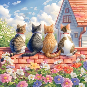 Whimsical Cute Cats, Kitten with Flowers Landscapes Clip Art 10 Watercolor Clipart JPGs, Junk Journaling, Scrapbook, Digital Download Kit