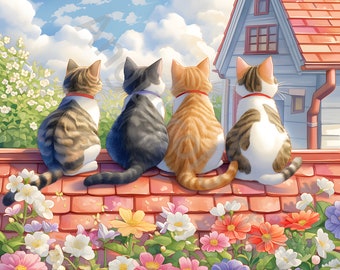 Whimsical Cute Cats, Kitten with Flowers Landscapes Clip Art 10 Watercolor Clipart JPGs, Junk Journaling, Scrapbook, Digital Download Kit
