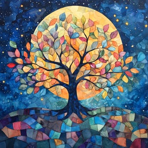 10 imágenes prediseñadas de árboles iluminados por la luna en formato JPG, imágenes prediseñadas vintage de acuarela, diario basura, álbum de recortes, creación de tarjetas, descarga digital, fantasía, caprichoso, mosaico