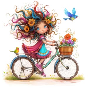 10 JPGs bicyclette fille Clipart, usage commercial, éphémères fantaisistes, aquarelle fille originale des cliparts, téléchargement immédiat, créations en papier, fabrication de cartes