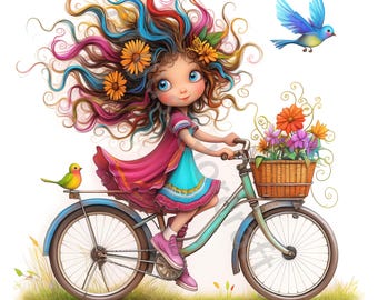 10 JPGs Bicycle Girl Clipart, Commercial Use, Whimsical Ephemera, Watercolor Quirky girl Clipart, Instant Download, Paper Craft, Card Making