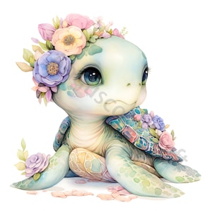 15 lindas imágenes prediseñadas de tortuga caprichosa, imágenes prediseñadas de tortuga de flores, jpgs de alta resolución, descarga digital, imágenes prediseñadas de acuarela, imprimibles, licencia comercial