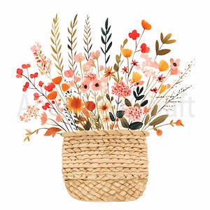 13 boeket bloemen bloemen clip art afdrukbare aquarel mand met bloemen Boho stijl meisjes kwekerij Boho moderne Wall Art decor clipart