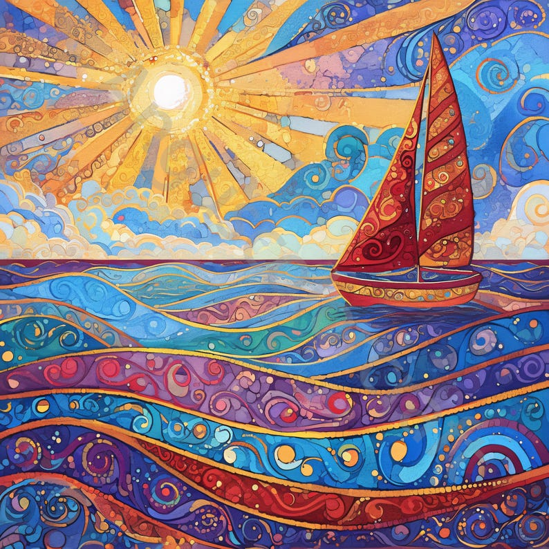 May include: A vibrant, mosaic-style painting of a sailboat on the ocean under a bright sun. The sailboat has a red sail and is set against a backdrop of blue, purple, and gold waves. The sun radiates golden rays, creating a warm, inviting scene.