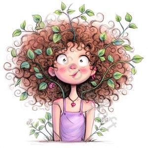 13 Quirky Plants Girl Clipart, uso comercial, coisas efêmeras caprichosas, JPGs em aquarela, download instantâneo, Fantasy Junk Journal, Paper Craft