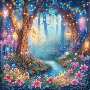 10 JPG 魔法の森のライト クリップ アート バンドル、水彩画クリップ アート、ジャンク ジャーナリング、スクラップブック、カード作成、デジタル、ファンタジー、気まぐれ