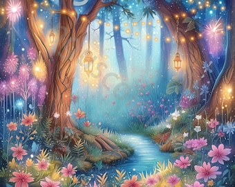 May include: A whimsical illustration of a magical forest scene. The artwork features a flowing stream, vibrant pink and white flowers, and trees adorned with hanging lanterns and twinkling lights. The color palette includes blues, pinks, and greens.