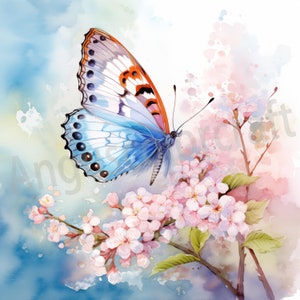 Clipart di fiori di farfalla di colore blu, 18 immagini di alta qualità JPGs download digitale, diario di spazzatura per la creazione di biglietti, bundle di arte murale JPGs
