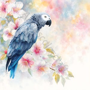 10 African Gray Parrot Clip Art, Watercolor Clipart JPG, Junk Journal Scrapbook, Card Making, Digital Download, Whimsical Bird with Flowers