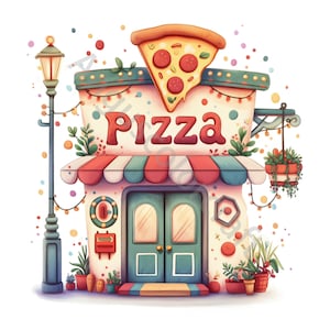 Clip art de una pizzería peculiar, 10 archivos JPG de acuarela de alta resolución, para diarios basura, álbumes de recortes, creación de tarjetas, descargas digitales, caprichosas y fantásticas