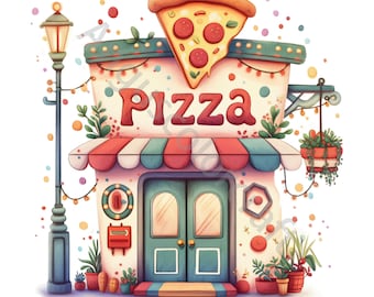 Whimsical Pizza Shop Watercolor Clip Art, Junk Journal, Card Making (10 JPG Digital Download)