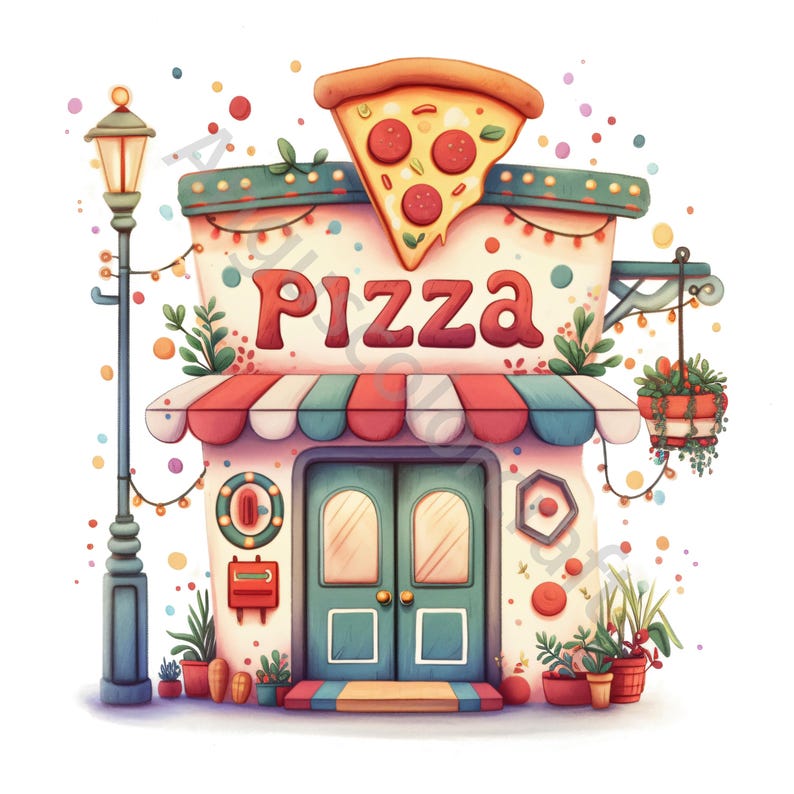 Pizza Shop Clip Art 10 High Res Watercolor JPGs Junk Journaling, Scrapbooking, Card Making, Digital Download, Whimsical, Fantasy， Printables, Scrapbook, Crafts Card Making, Home Decor, Paper craft, junk journals,  Card Making,  Wall art