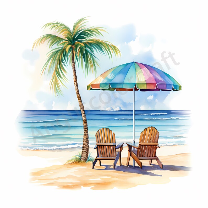 15 Watercolor Tropical Beach Clipart, Summer Beach Clip Art, Vacation ...