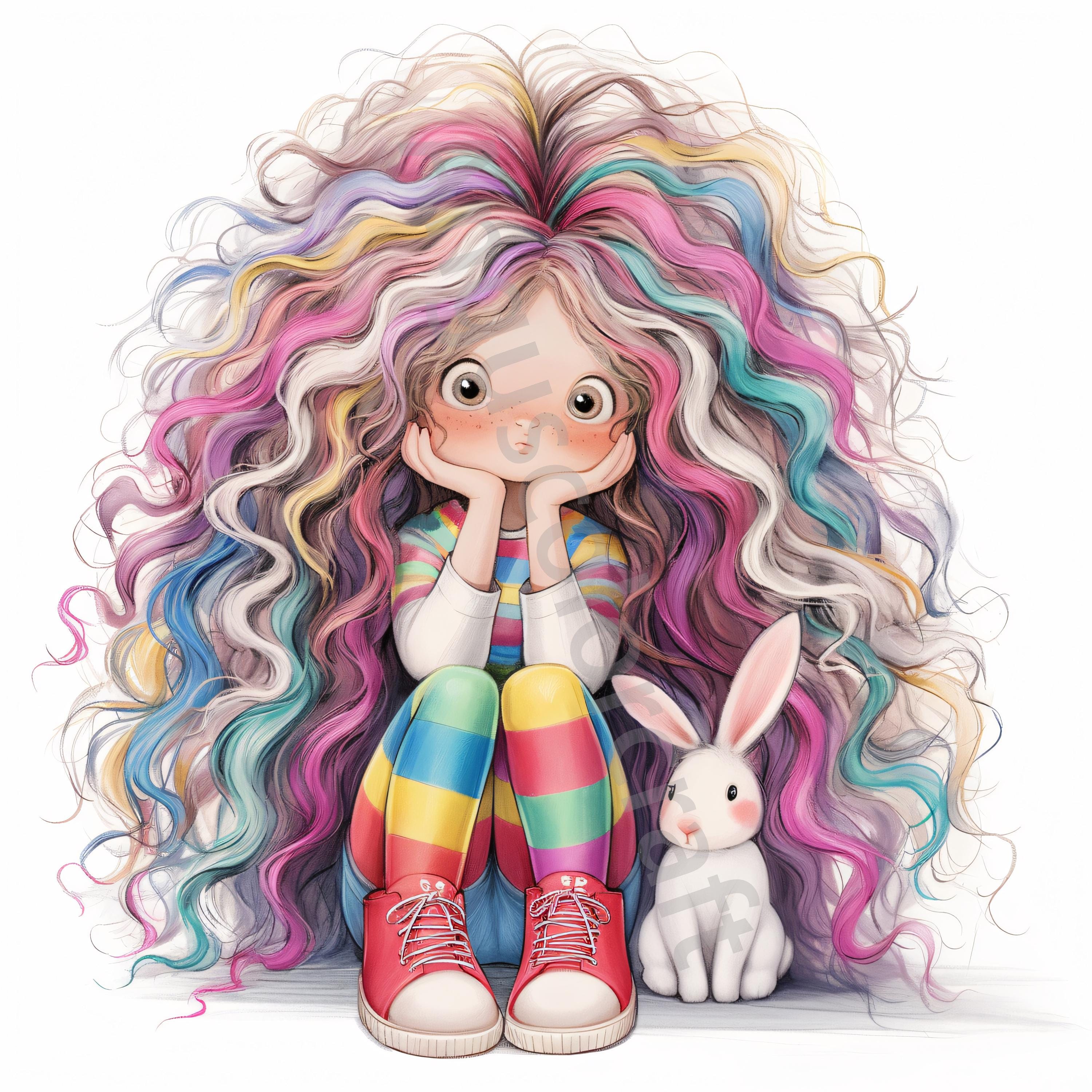 10 Quirky Girl With Bunny Clip Art, Commercial Use, Whimsical Ephemera ...