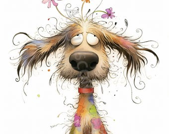 10 Frazzled Dog with Flowers Clip Art, Watercolor Clipart JPG, Junk Journaling, Scrapbook, Card Making, Digital Download, Fantasy, Whimsical