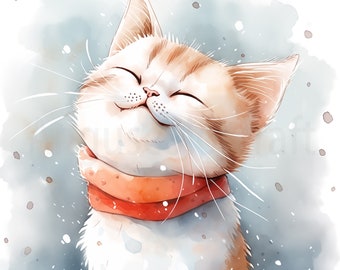 Watercolor Cat Clipart Set: Winter Scarf, Pet Portrait (Digital Download, 18 JPGs)