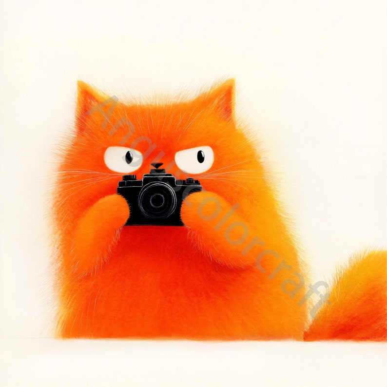 Op de afbeelding: Een pluche oranje kat met een serieuze uitdrukking houdt een zwarte camera voor zijn gezicht, alsof hij een foto maakt.