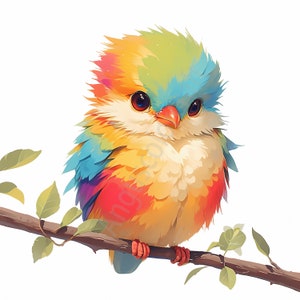 May include: A small, colorful bird with a fluffy, rainbow-colored plumage perches on a branch. The bird has large, dark eyes and a small, orange beak.