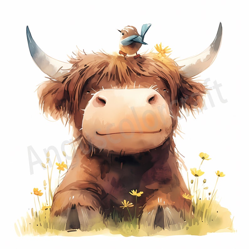 May include: A brown Highland cow with long, shaggy hair sits in a field of yellow wildflowers. A small blue bird sits on the cow's head.