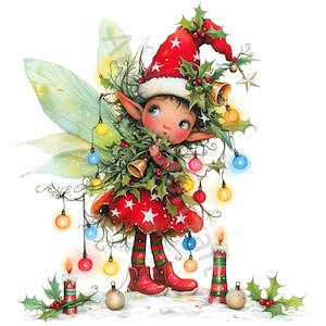 May include: A Christmas fairy with green wings and a red and white Santa hat is surrounded by holly and Christmas lights. She is holding a sprig of holly with bells.