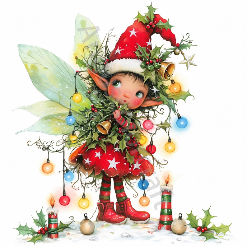 May include: A Christmas fairy with green wings and a red and white Santa hat is surrounded by holly and Christmas lights. She is holding a sprig of holly with bells.