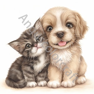 10 JPG Dog and Cat Clip Art, Watercolor Clipart, Junk Journal, Scrapbook, Card Making, Digital Download, Fantasy, Whimsical Best Friends