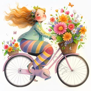 Ragazza eccentrica in bicicletta 10 JPG ad alta risoluzione in acquerello, diario spazzatura, creazione di biglietti, kit di download digitale, fantasy, stravagante, donna eccentrica e formosa