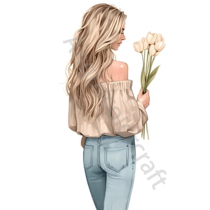 13 Moda ragazza con fiore in jeans Clipart acquerello clipart JPG, download istantaneo, diario spazzatura, creazioni con la carta, vista posteriore, capelli mossi lunghi