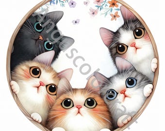 10 JPG Quirky Curious Cats Clip Art, Clipart akwarelowy, Dziennik śmieci, Album, Tworzenie kartek, Pobieranie cyfrowe, Fantazja, Kapryśny kociak