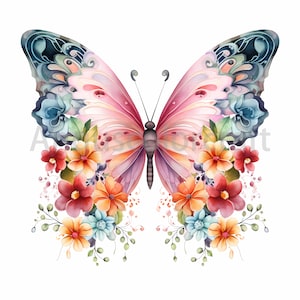 Schöner Schmetterling mit Blumen Clipart Bundle - 18 hochwertige JPGs - Digitale Downloads - Kommerzielle Nutzung, Aquarell, Medien, Wohnkultur