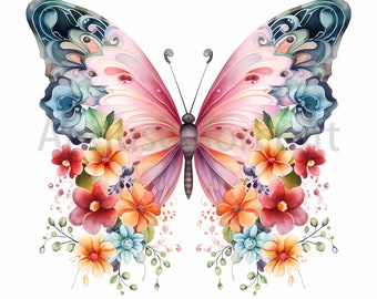 Lovely Butterfly with flowers Clipart Bundle - 18 High Quality JPGs - Digital Downloads - Commercial Use, Watercolor, Media, Home decor