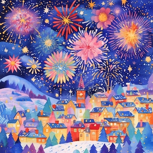 10 imágenes prediseñadas de ciudad de feliz año nuevo, uso comercial, efímeras caprichosas, imágenes prediseñadas de acuarela JPG, descarga instantánea, diario basura, manualidades, fuegos artificiales