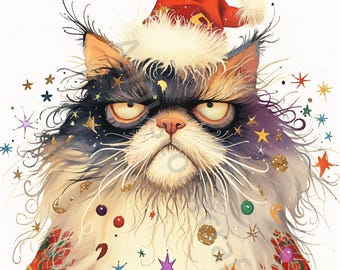 水彩サンタ猫のクリップアート：気まぐれなクリスマス JPG 素材（JPG
