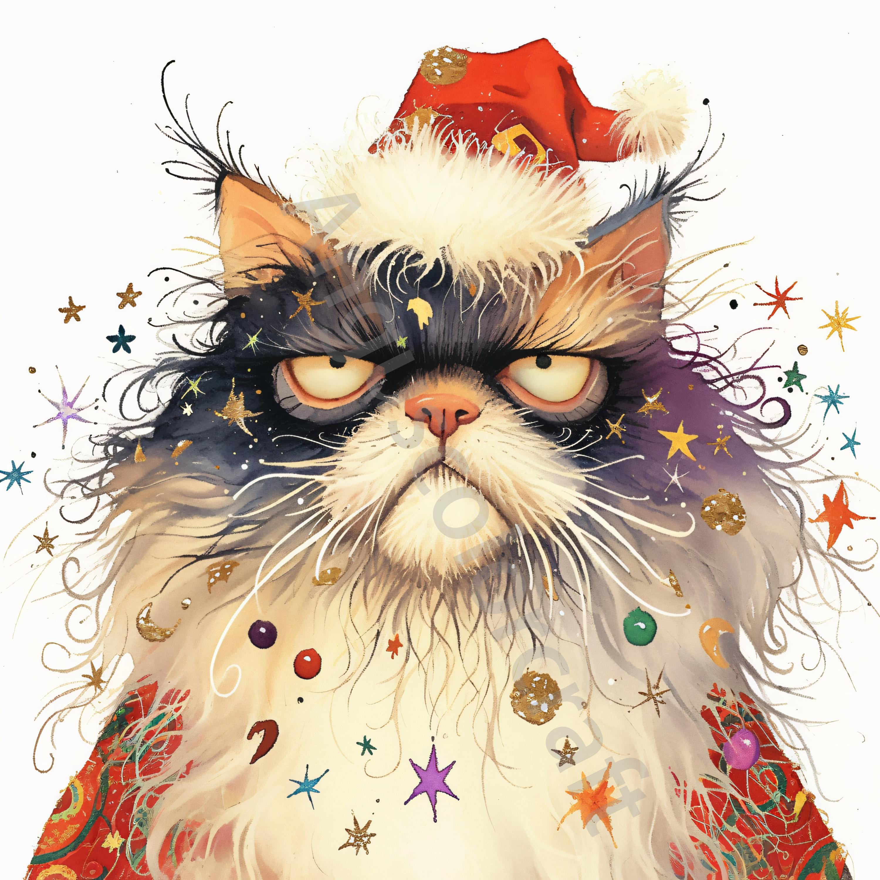 水彩サンタ猫のクリップアート：気まぐれなクリスマス JPG 素材（JPG