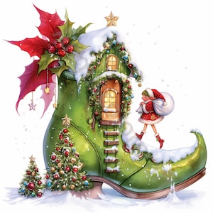 10 Clipart di casa di stivali delle fate di Natale, uso commerciale, effimere stravaganti, JPG acquerellati, download istantaneo, diario fantasy spazzatura, artigianato