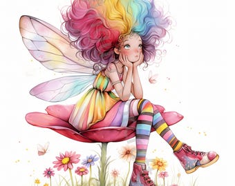 May include: A colorful fairy with rainbow hair sits on a large pink flower. She is wearing a rainbow dress and striped stockings. She has her chin resting on her hand and is looking up.