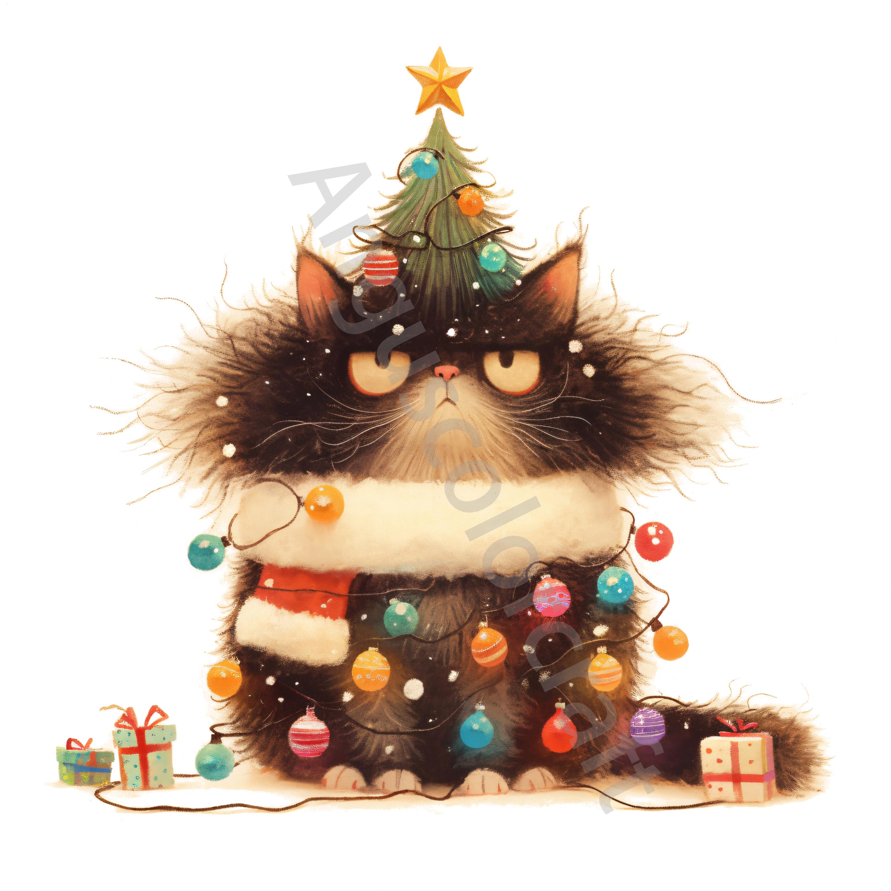 10 JPG 風変わりな猫のクリスマスツリー クリップ アート、水彩画