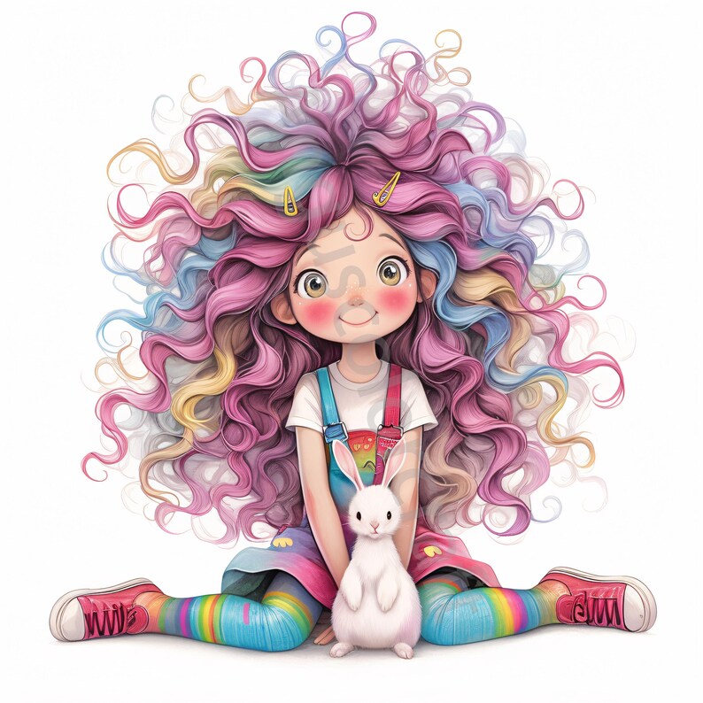 10 Quirky Girl With Bunny Clip Art, Commercial Use, Whimsical Ephemera ...